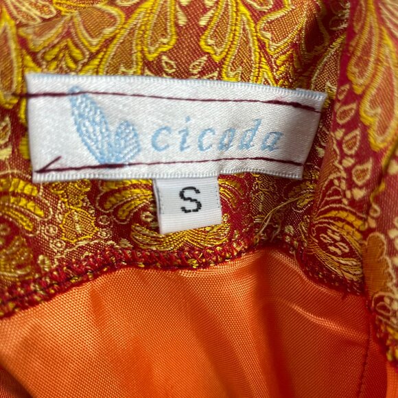 Vintage Y2K Strapless Dress Iridescent Red Gold Ribbon Bow Tie Belt Small A-Line - Picture 7 of 14